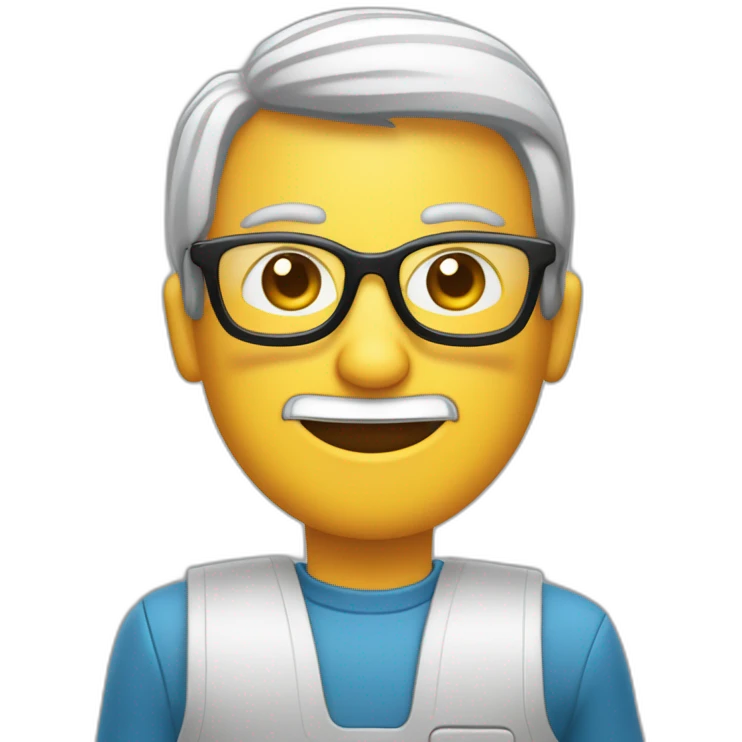 una persona con lentes sentado en una computadora dice con su mano buenos días emoji