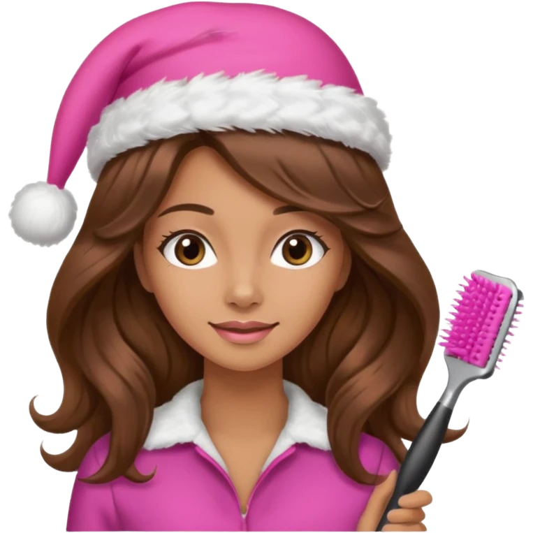 mujer peinandose en la peluqueria y con un gorro de navidad rosado, cabello largo café y ondulado emoji