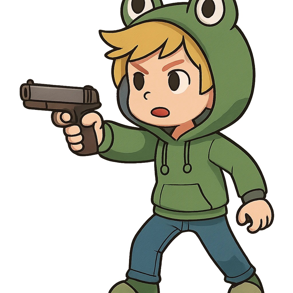 animated boy with blonde hair wearing a frog hoodie, pointing a gun forward, general style emoji
