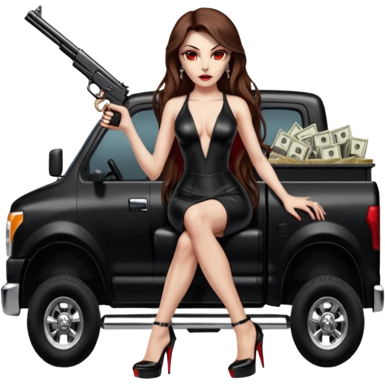 Lilith symbol red eye seductress evil long brown haired sexy succubus woman with leather long dress with slit on, sitting in Big Large F350 pickup truck. Platform long high heels on feet. Back seat full of stacks of cash, she is  Holding a human skull of her enemies in car and a gun in other hand emoji