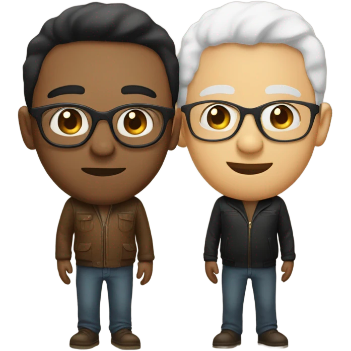 Two men kissing, one white skin with black hair, one brown with glasses emoji