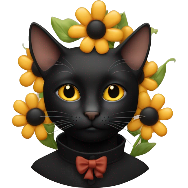 Chat noir et roux avec un nœud et des fleurs emoji