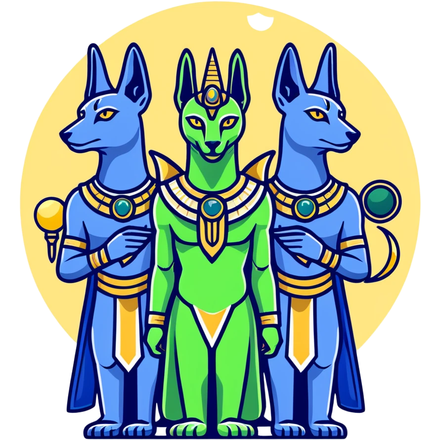 Egyptian gods Osiris with green skin and Atef crown, Khonsu with falcon head and moon symbol, and Anubis with jackal head standing together emoji