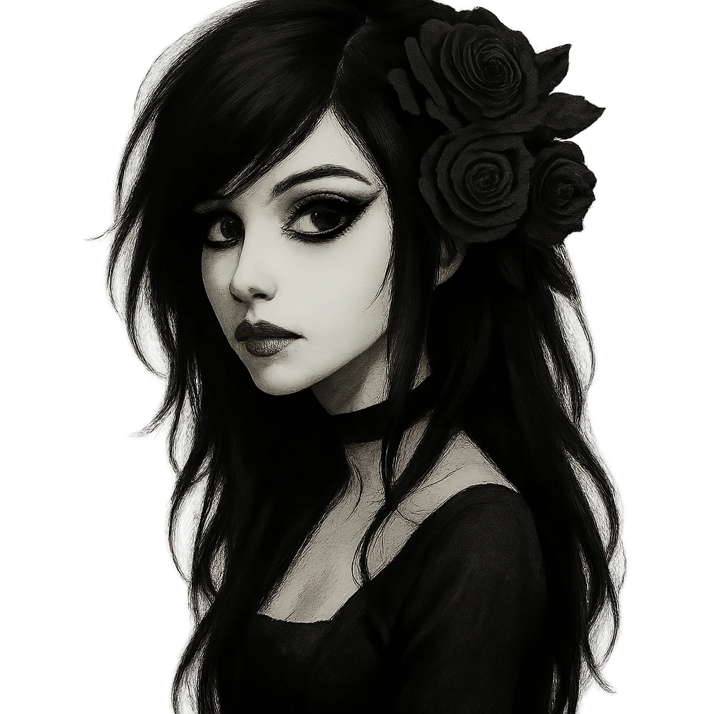 emo girl with dramatic eyeliner, black roses in hair, mysterious and elegant emoji