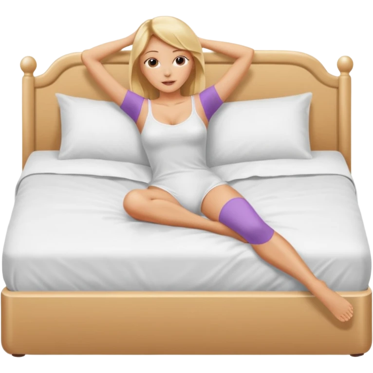 Naked woman, thin blonde, C Cup, lying in bed, legs raised up, ass showing, legs spread emoji