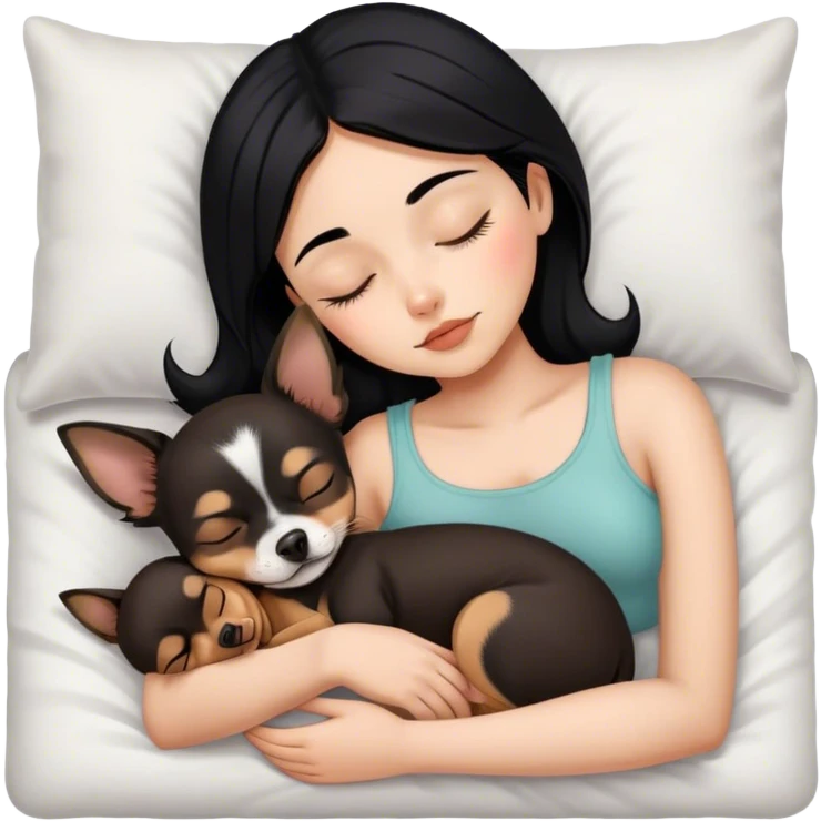 Girl with black hair sleeping with brown chihuahua  emoji