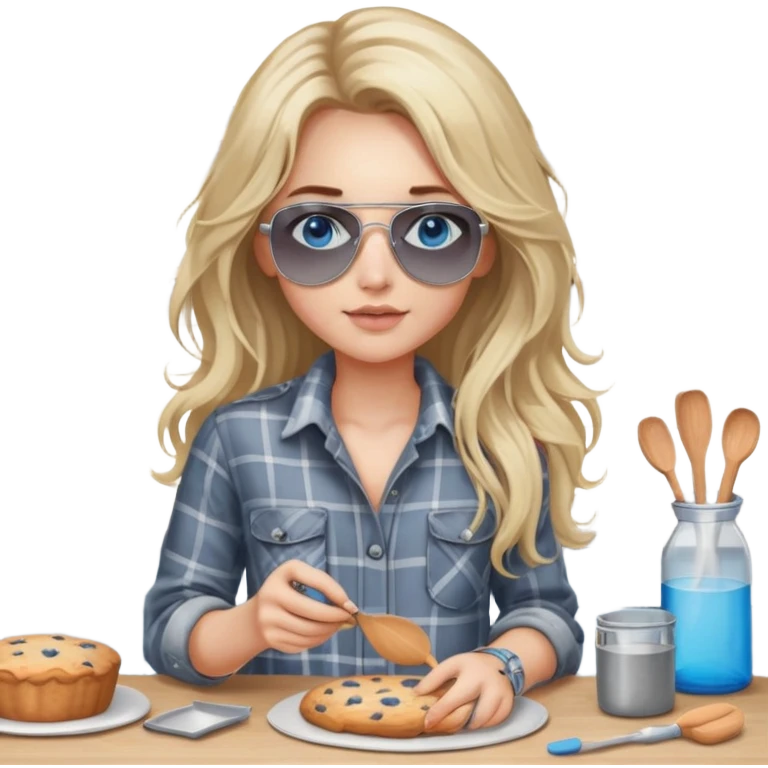 girl with long blond messy hair wearing grey plaid shirt with blue eyes and aviator sunglasses wearing a ring on her silver necklace, holding baking supplies emoji