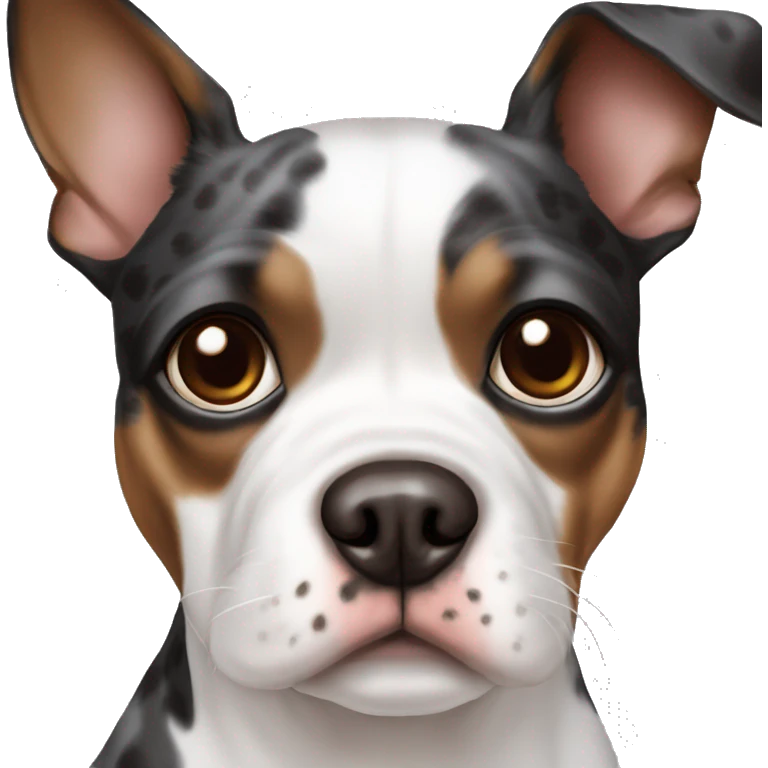 dog white with dark brown spot over right eye Boston terrier aussiedoodje mix emoji