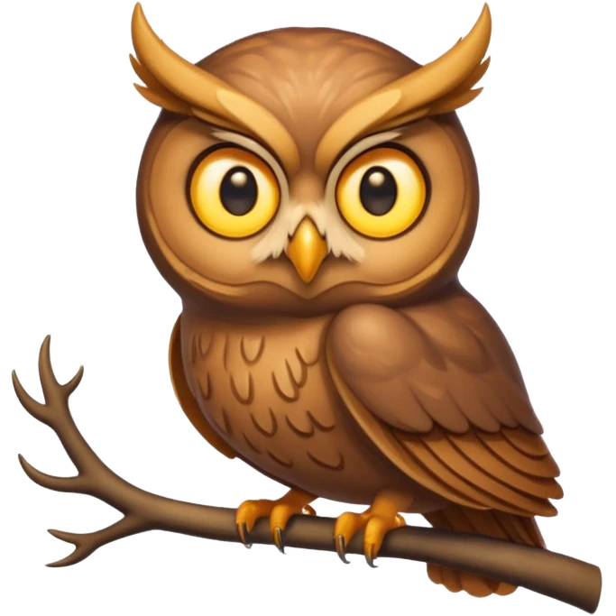 Emoji chouette perchée brun clair, yeux jaunes brillants, bec recourbé, bois de cerf imposants, sagesse et puissance. emoji