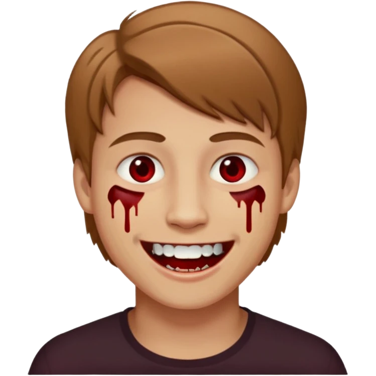 парень с русыми волосами средней длины; белая кожа; белые глаза; открытая улыбка, где на зубах кровь;  emoji