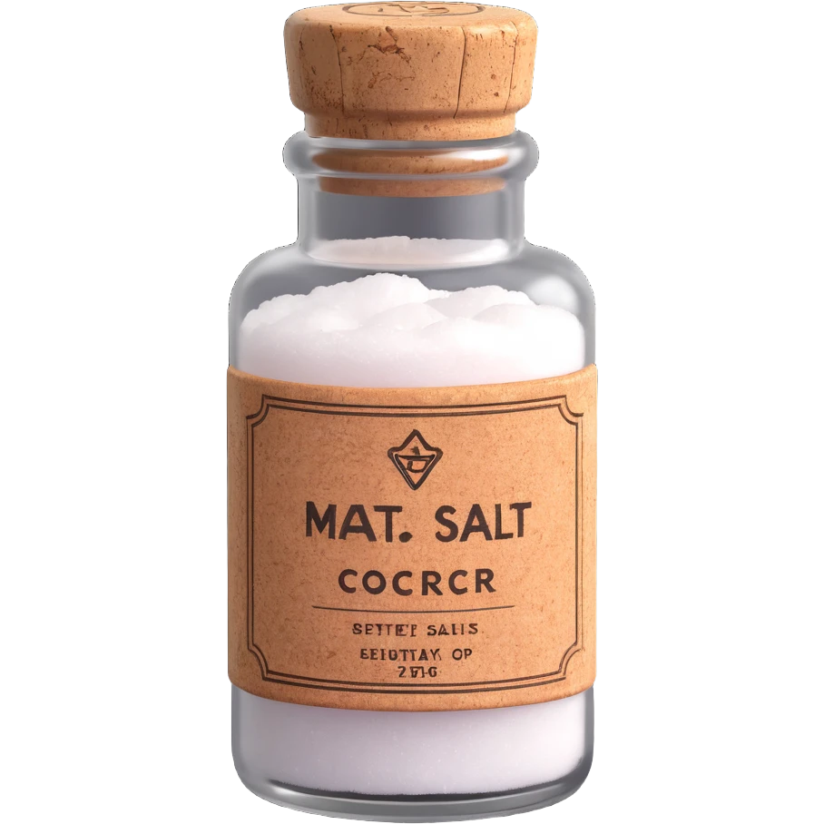 3D style salt bottle, vintage look, cork stopper, frosted glass, label on front emoji