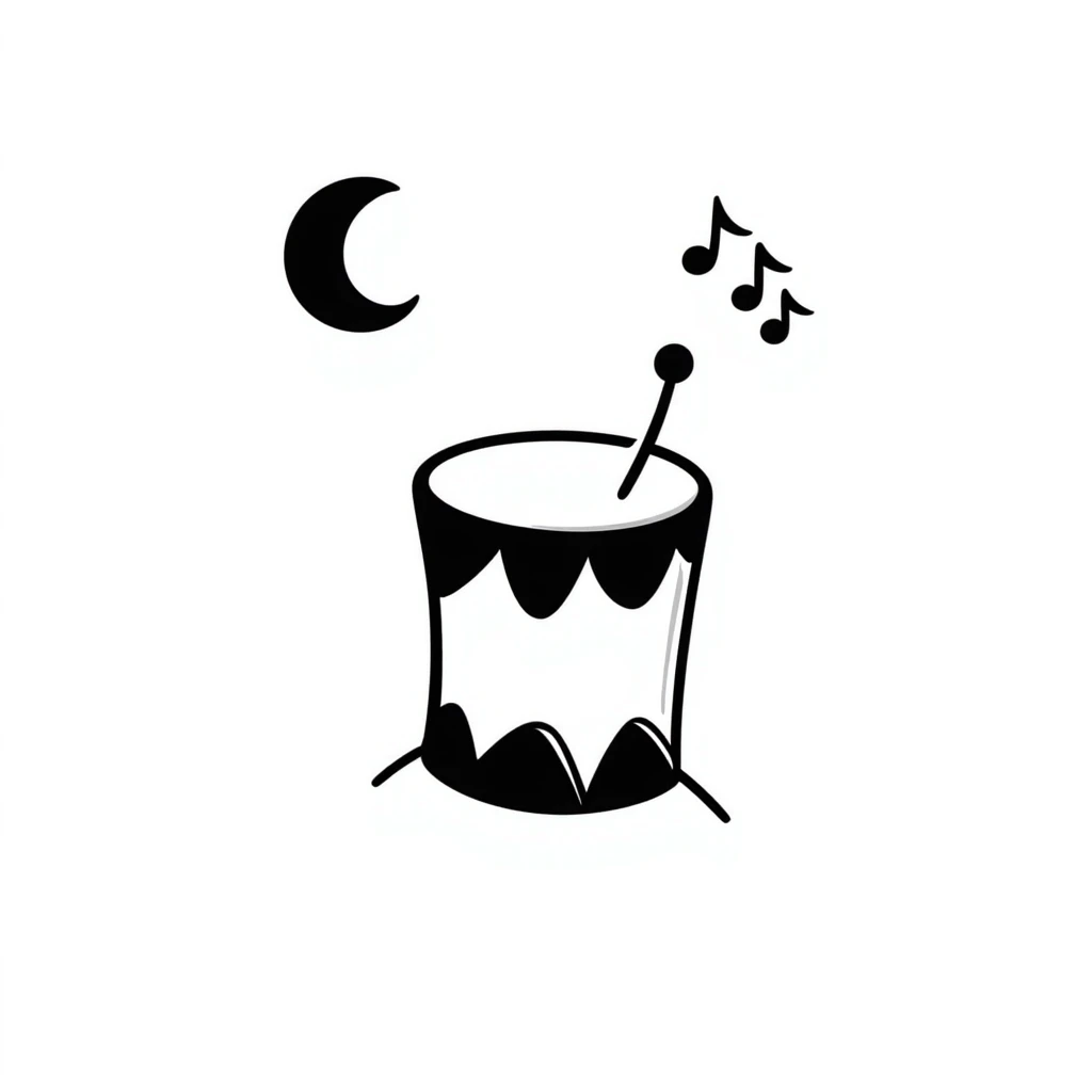 Hand-drawn drum with sound waves and a crescent moon, representing the sahur call during Ramadan emoji