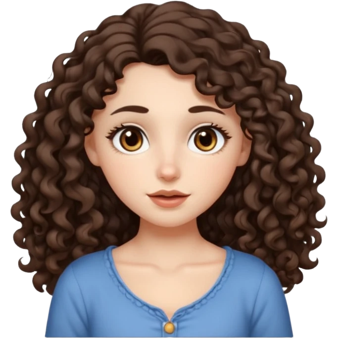 Aesthetic white girl with long curl hair color dark brown (almost black, but more brownish), big almond shape eyes color brown, small wide nose, natural lips, sweet expression. Dressed with a  cute top emoji