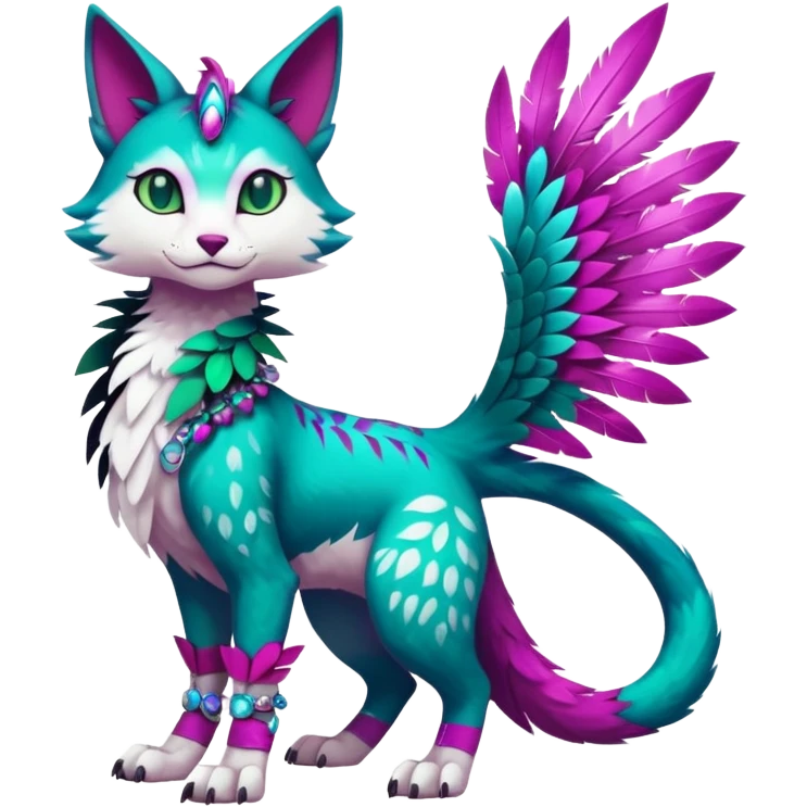 Kawaii cute colorful iridescent deep-dark-turquoise-green and magenta and white beautiful pretty elegant divine edgy feline-vernid-sergal-Fakémon-Pokémon-fursona-animal-creature with accessories, full body, with intricate detailed markings, feathers emoji