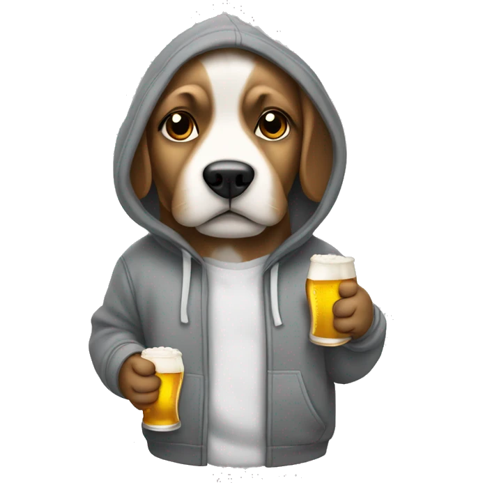 Dog standing wearing a grey hoodie with his hands in his pockets holding a beer emoji