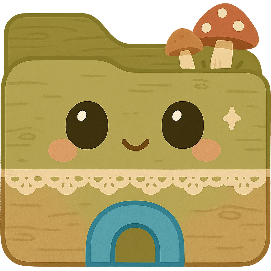 File Explorer folder icon in cottagecore style with soft earthy tones, rustic wooden textures, moss, mushrooms, lace, and a bright blue archway at the bottom matching the original File Explorer icon, no words or text emoji