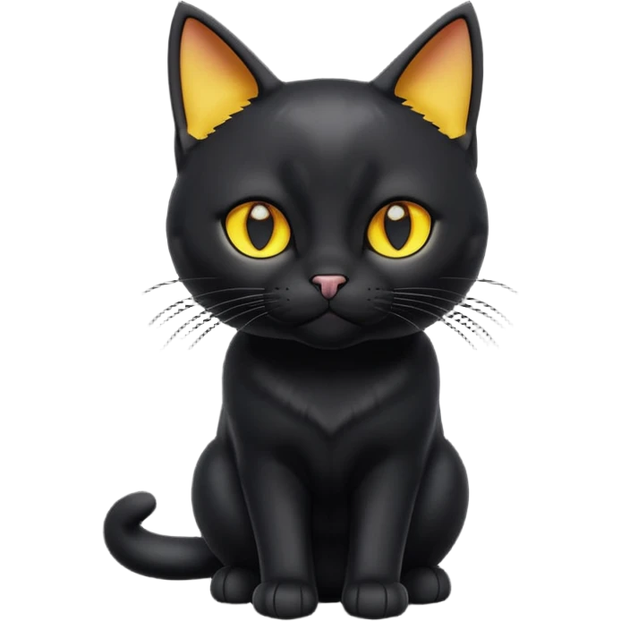 A 3D cartoon jet-black Bombay cat with glossy fur, bright golden eyes, dramatic contrast lighting, Memoji-style cinematic look. full body. emoji