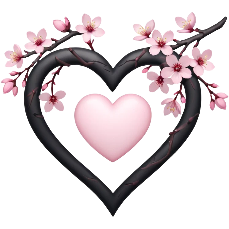 goth sakura heart, white heart with sakura branch and blossoms, pink highlights emoji