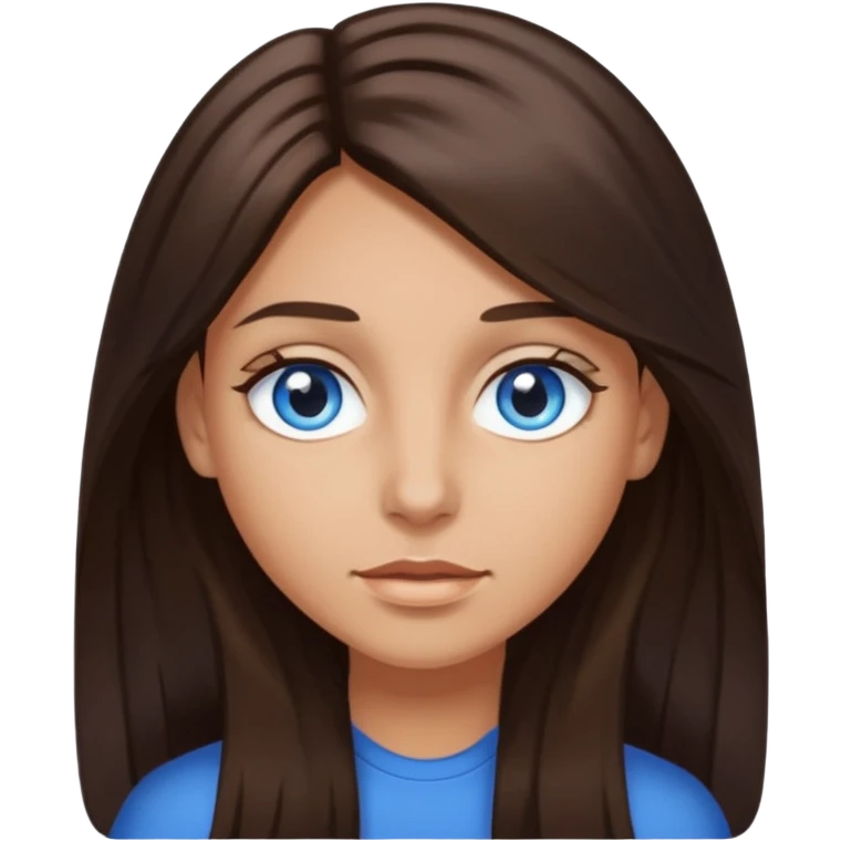 long dark brown hair with highlights in the front, big blue eyes clear taned skin emoji