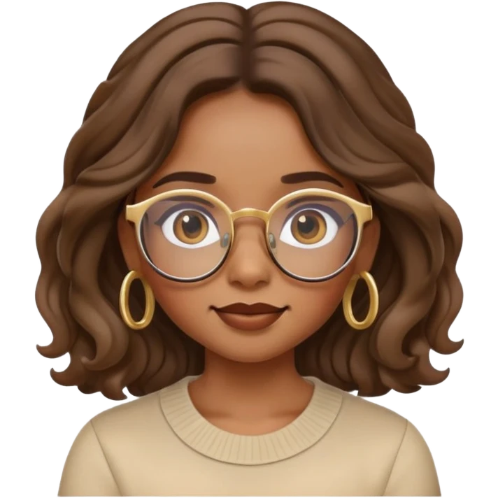 apple memoji of cute brown girl with glasses, aethetic and wavy long hair, gold hoop earrings, expression emoji