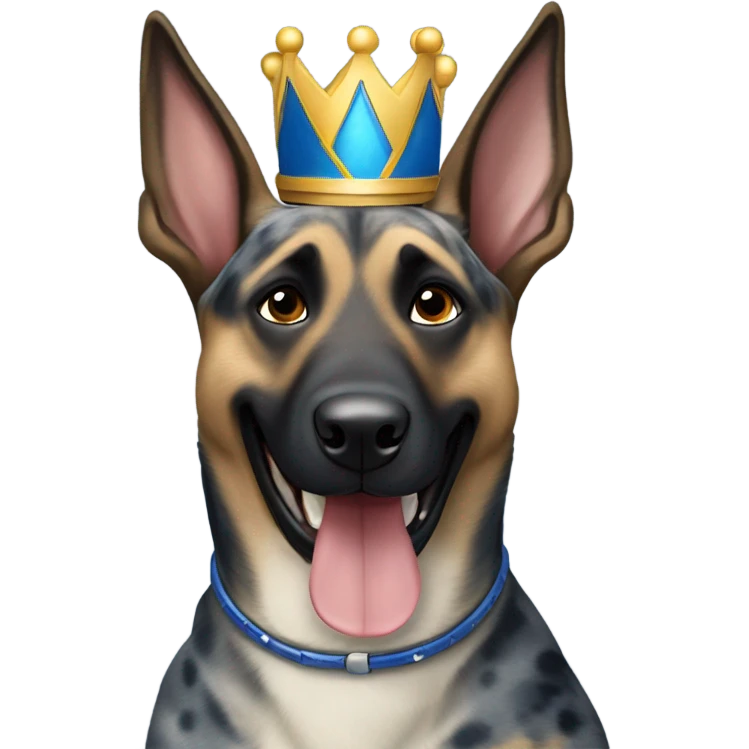 A smiling malinois dark blue merle color, without red and white color with a crown on his head emoji
