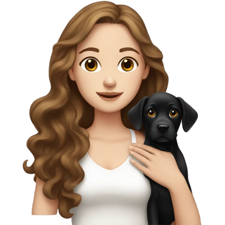 White girl with wavy brown hair holding a black Labrador emoji