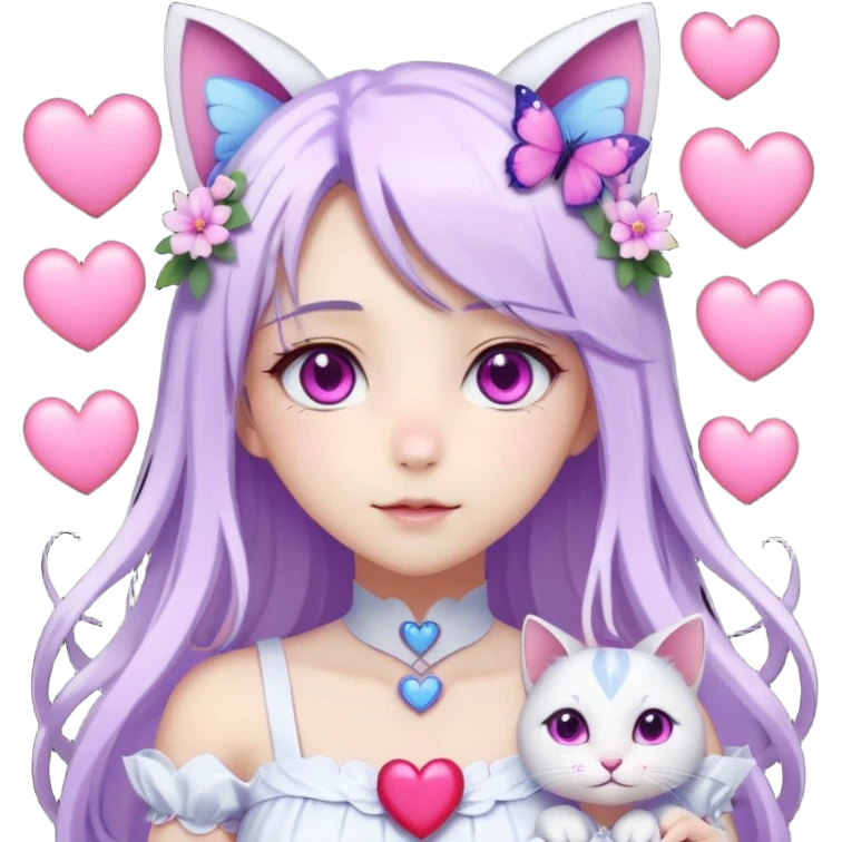 female anime character with pink eyes long white hair periwinkle highlights and cat ears on her head. She is wearing a white dress with purple flowers and butterfly. holding a heart emoji