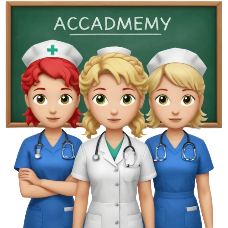 3 nurses: nurse 1 is wearing green work clothes, curly hair, middle european. nurse 2 is wearing blue work clothes, blond straight hair, scandinavic, nurse 3 is wearing white work clothes, red hair put into a bun, slavic. they all stand in a classroom, "Academy" written in white on board emoji