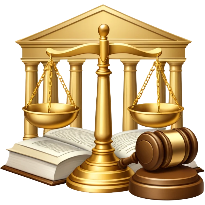 An icon featuring scales of justice, a gavel, and a legal book, symbolizing the study of law. The design includes courthouse pillars in the background, representing authority and legal systems. Transparent background highlights the principles of justice, order, and legal education. emoji