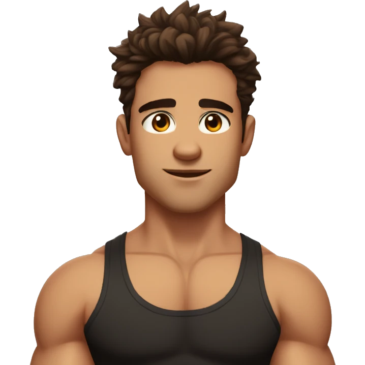 Buff muscular handsome teen guy, brown messy hairy, medium length hair, brown eyes, serious expresssion, black tank top emoji