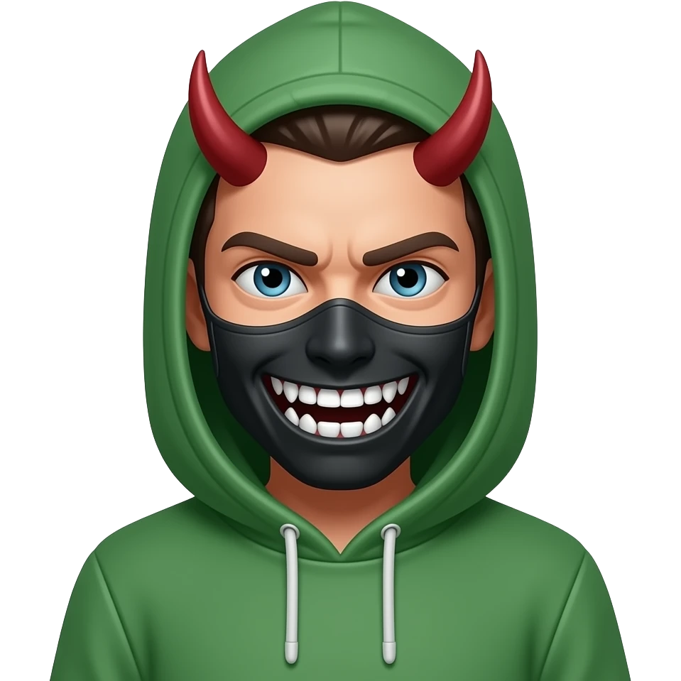 Green hoody and irony mask on face looks like devil's emoji