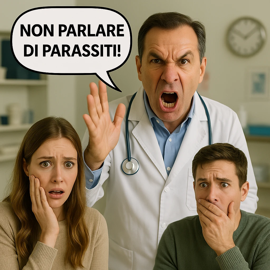 Add frightened patients in the scene and include the doctor's text 'NON PARLARE DI PARASSITI!' inside a speech bubble. Maintain the realistic style and medical setting as shown in the reference image. emoji