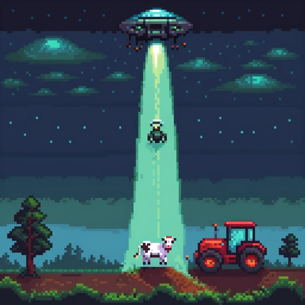 UFO abduction scene with a cow being lifted by a tractor beam at night emoji