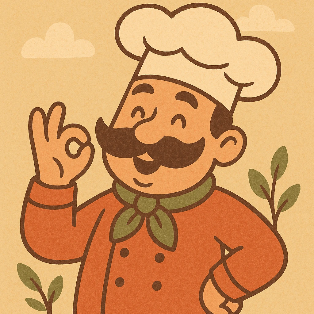 cartoonish Italian chef with a big mustache, expressive eyes, and a chef hat, playful style emoji