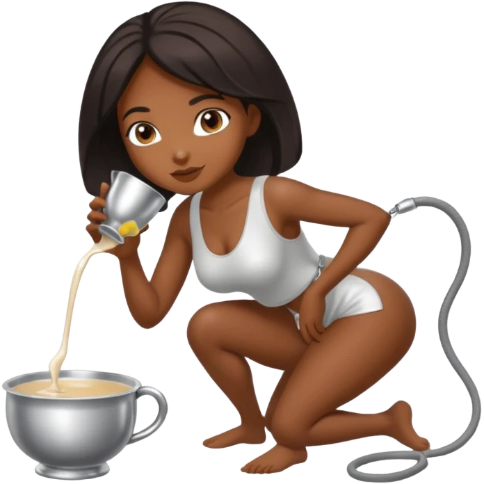Dark Women drinking  from sliver milk bowl with only leash on on all fours  emoji