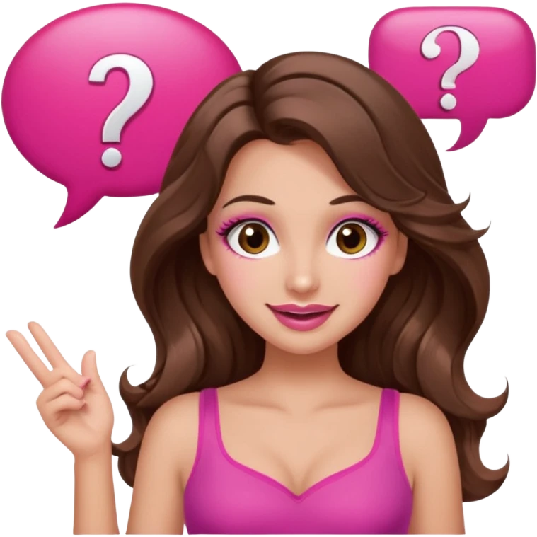 girl with long wavy brown hair, brown eyes, long lashes makeup, sexy pink lips, light to medium complexion, wearing a pink sexy top, shugging, smiling, question mark one speech bubble emoji
