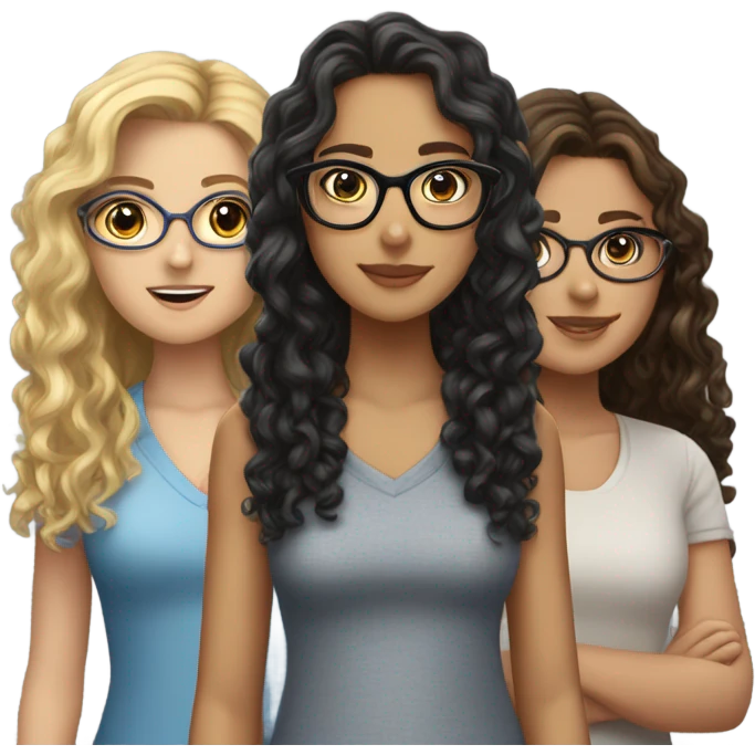 A curly haired blonde girl with a brunette girl who has glasses and another brunette girl with long hair emoji