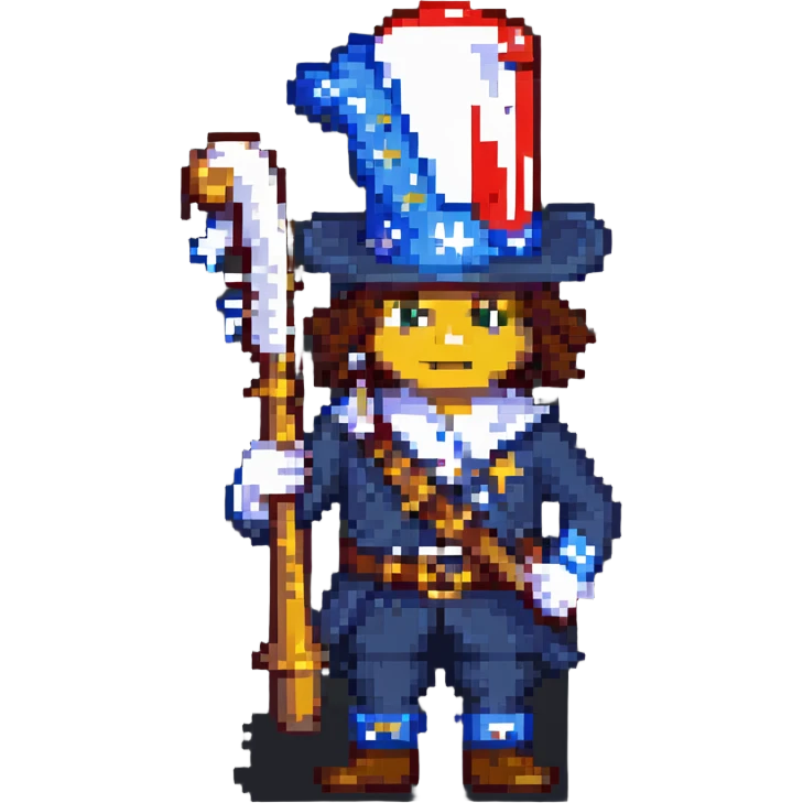 pixel art of Yankee Doodle playing a fife, marching emoji