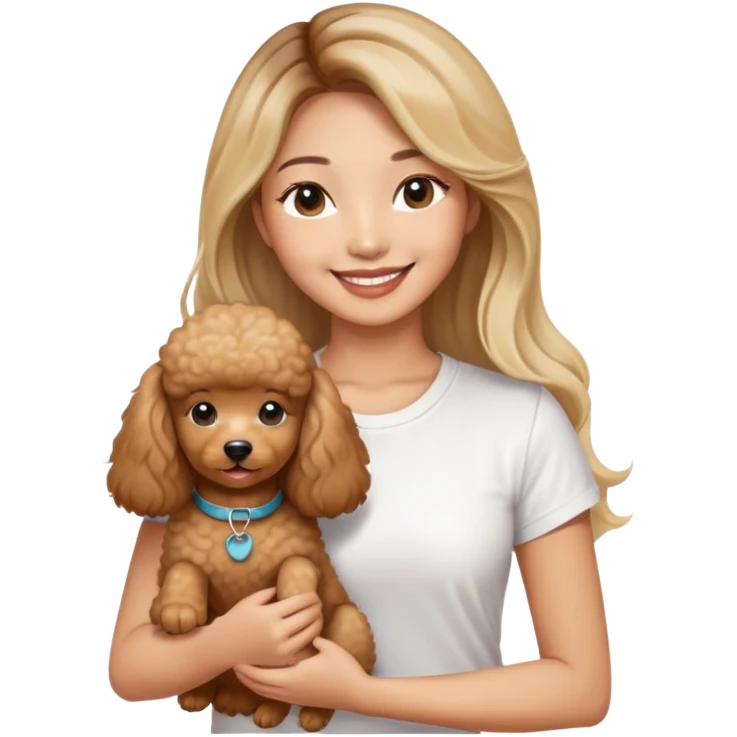 an asian lady with long balayage hair with blonde highlights, long lashes, wearing white t-shirt, smiling happily, and holding a brown poodle emoji
