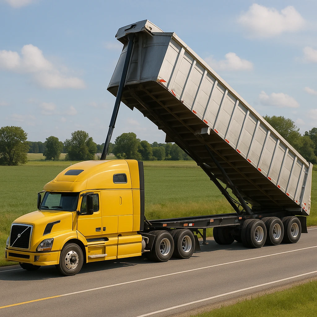 long silver end dump trailer hooked to a Volvo yellow semi sleeper truck, trailer in dump position, photorealistic daytime country scene with fields, trees, and a quiet road, truck driving left emoji
