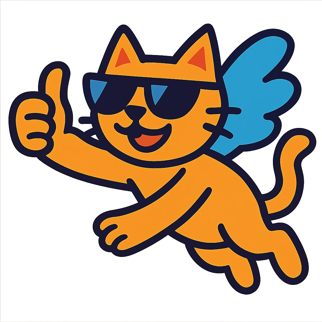 flying cat with sunglasses, smiling and giving a thumbs up to show gratitude emoji