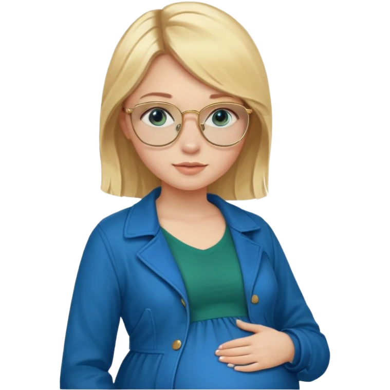 18 year-old pregnant blonde girl with golden glasses with blue eyes in a bright blue dress and a dark green jacket and brown boots emoji