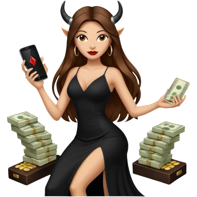 Sensual queen long brown straight haired sexy drug lord woman with black platform high heels with  on her feet,  and devil black horns on her head, holding a stack of cash, has a phone in other hand. Sitting on a large big new model F350 pickup truck  full of drugs, long black dress with sexy slit emoji