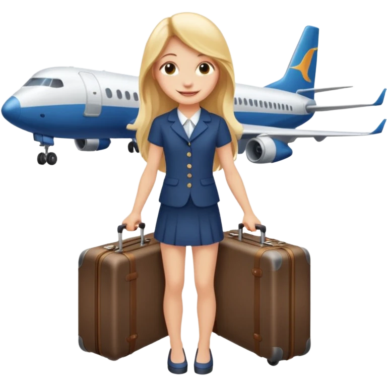 Девушка со светлыми длинными волосами счастливая с чемоданом в руках на фоне самолета emoji