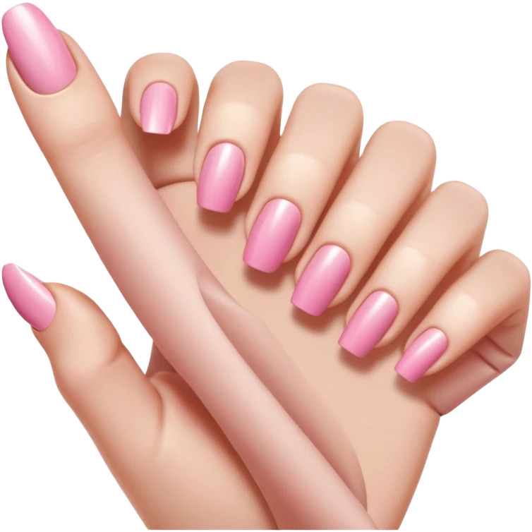  pink close-up of a hand with beautifully manicured nails, glossy pink nail polish, elegant nail shape, soft lighting and shadows, realistic style, emoji