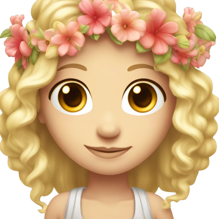 “Crée un emoji mignon représentant une déesse avec des grands yeux brillants, une couronne de fleurs, et un cœur lumineux à côté. emoji