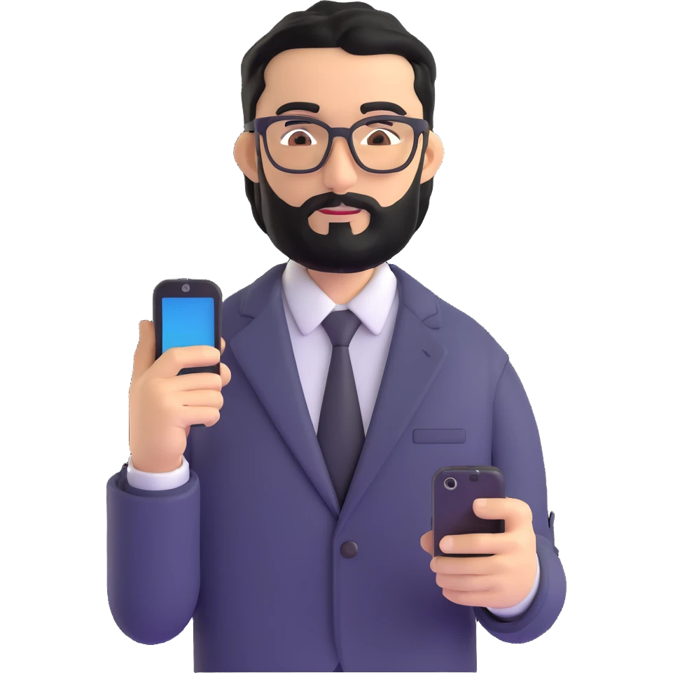 standing pose of professional man with medium black beard, black hair styled and combed to one side, connected unibrow, olive tan skin, brown eyes, glasses, prominent nose, dressed in formal black jacket, with mobile phone emoji