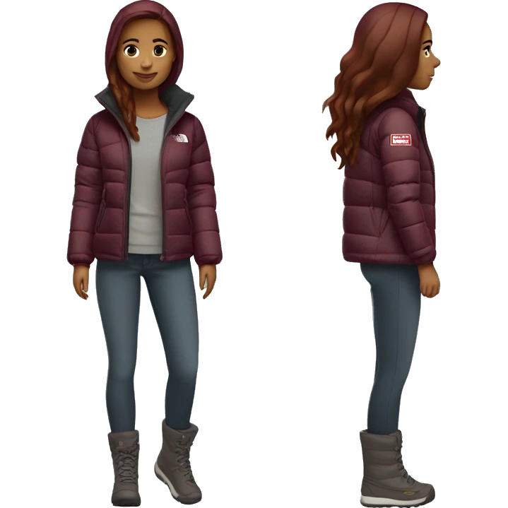 beautiful burgundy straight haired Girl wearing northface full body emoji