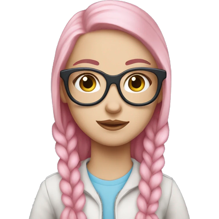 White girl with blue eyes pink hair and clear glasses cutesy emoji