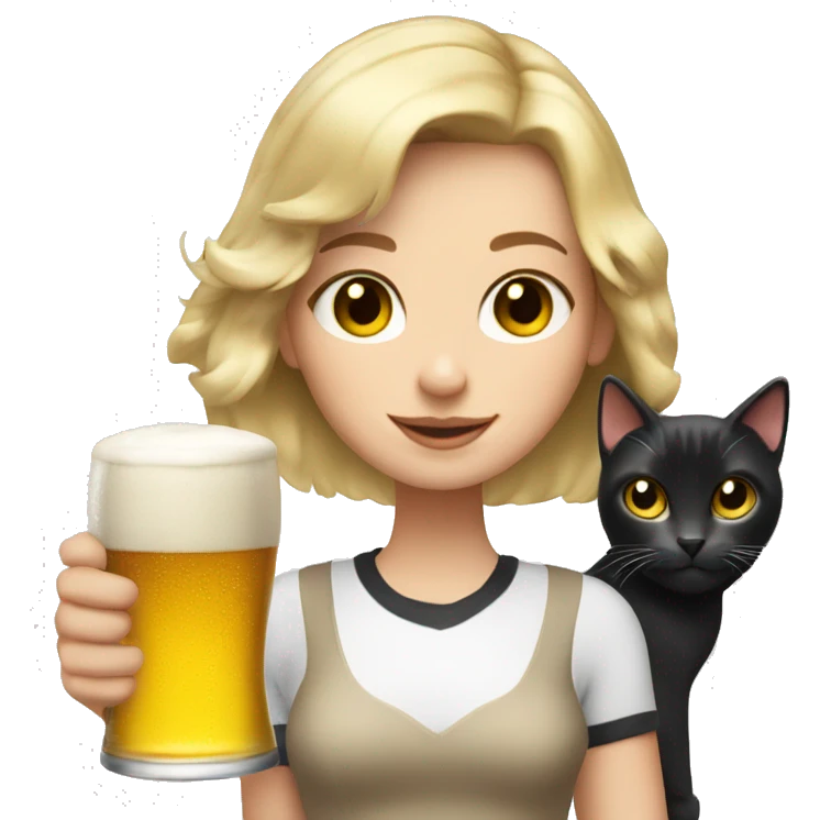 Blonde bob haircut girl with white and black cat and beer in her hand  emoji